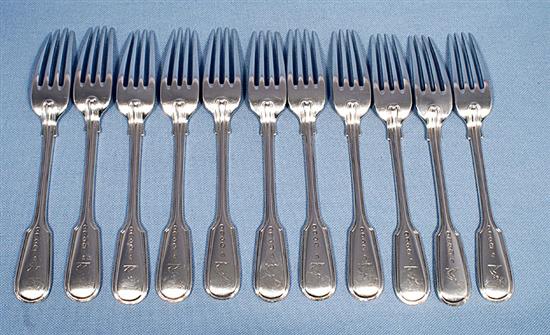 A set of eleven early Victorian silver dessert forks, Length: 6 ¾”/172mm Total Weight: 22.1oz/626grms